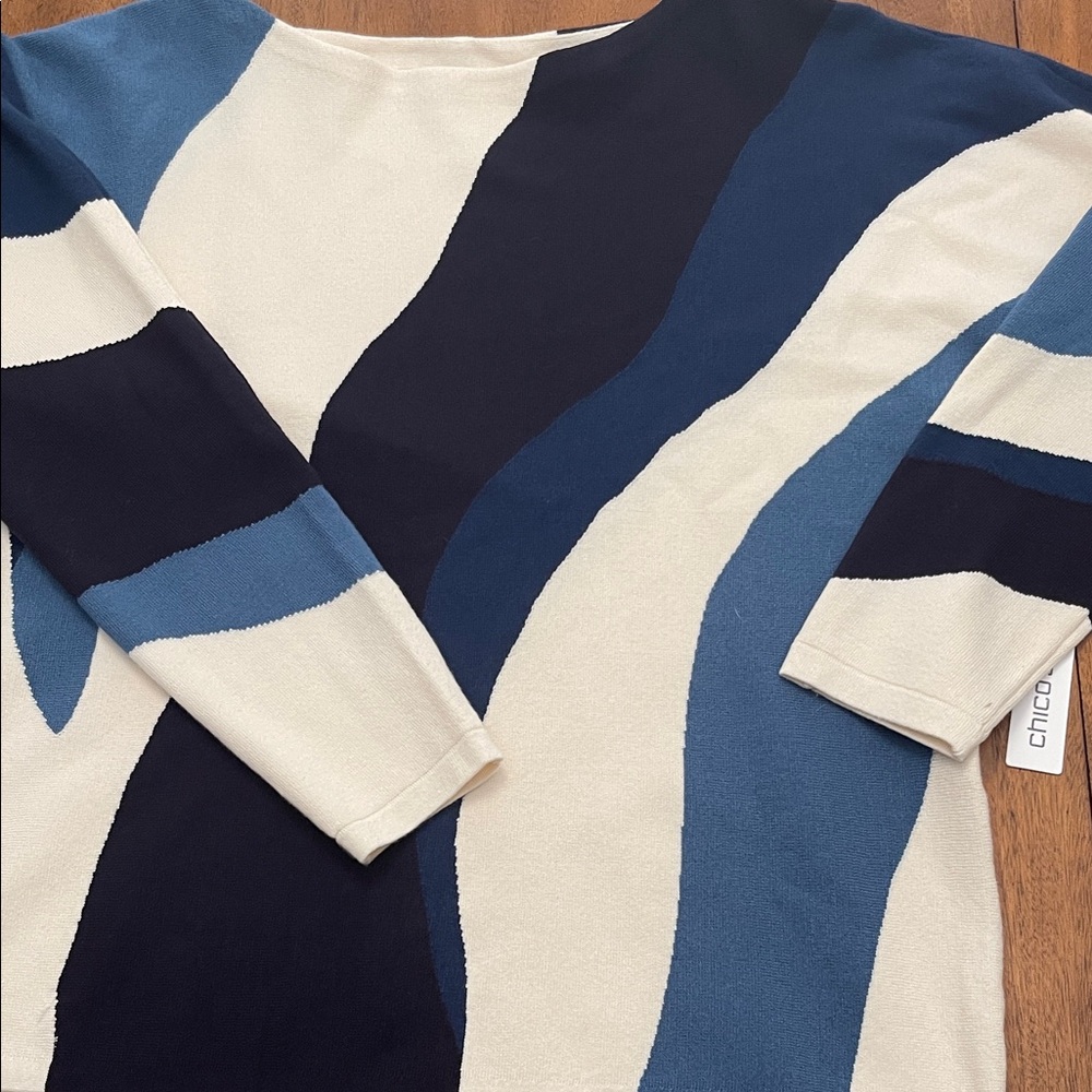 NWT Chico's Black Blue and Cream Wave Colorblock Pattern Sweater Sz 1 or Med